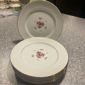 Fine China Gemini Rose Salad/Dessert Plates with Gold Trim